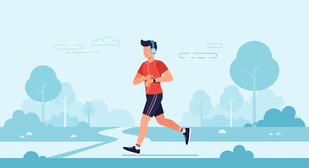 Man Running Listening Music In Park For Exercise Healthy Lifestyle Flat Design