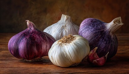 Four Large White and Purple Garlic Bulbs on Wooden Table &ndash; Natural, Healthy, and Relaxing Culinary Ingredient