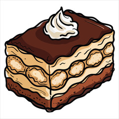 Delicious tiramis dessert with whipped cream chocolate mascarpone cacao and coffee. Sweet treat bakery culinary snack outlined in detailed baked food art.