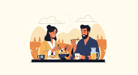 Relaxing Morning: Couple Enjoying Breakfast in Robes with Mountain Backdrop