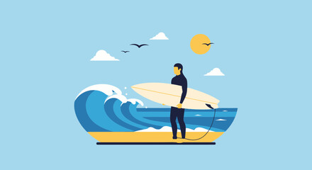 Minimalistic Illustration Of Surfer On Sandy Beach Holding Surfboard