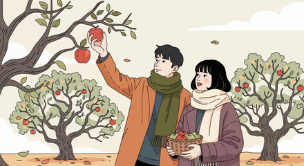 Couple harvesting apples from trees basket in hand amidst fallen leaves