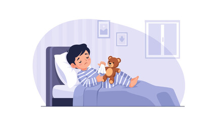 Sad Boy With Teddy Bear Lying In Bed Sick In Bedroom Illustration