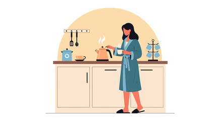 Morning Routine Woman Preparing Hot Drink In Kitchen Illustration