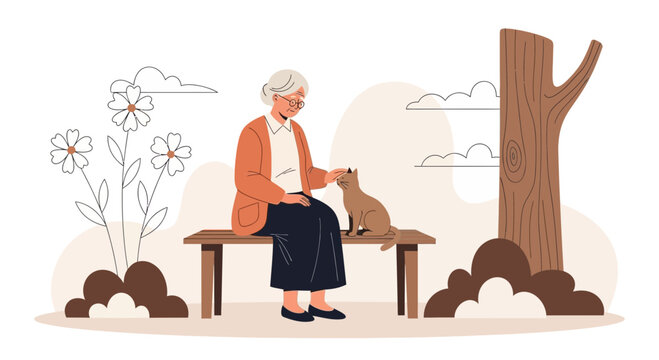 Senior Woman Sitting On a Park Bench Petting Her Cat Graphic Resources