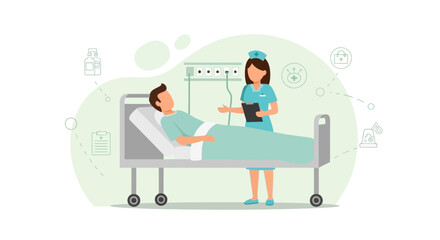 Nurse Talking With Man Patient On Hospital Bed, Doctor Visit And Healthcare Concept
