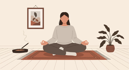 Serene Woman Practicing Meditation At Home With Aroma Therapy And Decoration