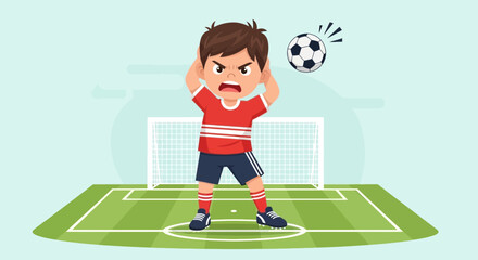 Fototapeta premium Soccer Mishap Frustration A Boy's Reaction To An Unpleasant Soccer Moment