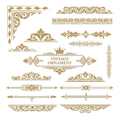 Art of collection of vintage golden decorative ornaments and elements isolated on white background for elegant design