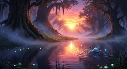 Elegant White Swan Swimming on Misty Purple Lake at Sunset