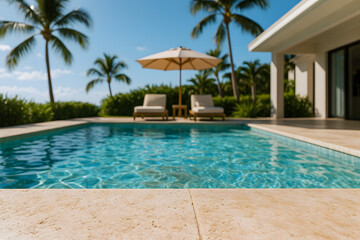 Luxurious Tropical Vacation: Private Swimming Pool with Modern Architecture and Serene Landscape Design in Sunny Paradise