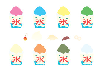 Naklejka premium 定番のかき氷とトッピングのイラストセット