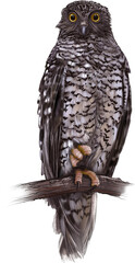 Powerful owl (Ninox strenua), Australia’s largest owl, perched silently in dense forest, with striking yellow eyes and mottled brown feathers.   © ned