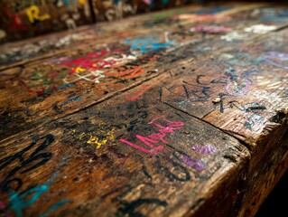 Naklejka premium Graffiti-Marked Weathered Wooden Surface