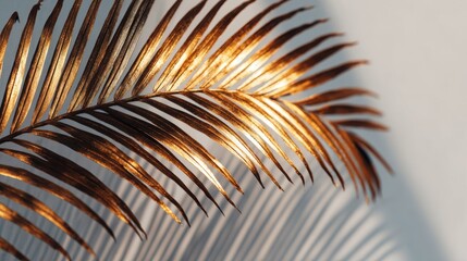 Fototapeta premium A golden palm leaf casts intricate shadows against a light background, showcasing elegant textures and a warm aesthetic.