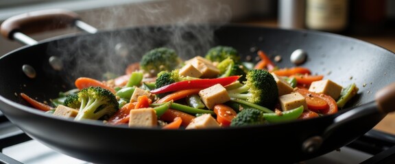 Steaming Tofu and Vegetable Stir-Fry in a Wok