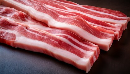Obraz premium close up of several raw uncooked bacon strips showing the layers of pink meat and white fat with visible texture and marbling