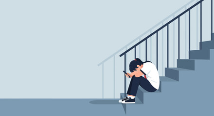Obraz premium Student Sits On Stairs Depressed After Receiving a Message