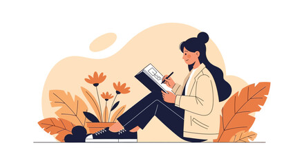 Woman drawing in nature, illustrating creativity and artistic expression in a serene environment featuring botanical elements