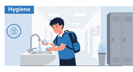 Student Washing Hands With Soap At School Sink Promoting Personal Hygiene