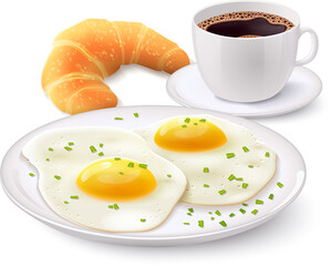 breakfast with fried eggs, croissant, and coffee