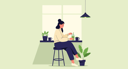 Woman Enjoying a Healthy Drink In Minimalist Room By The Window