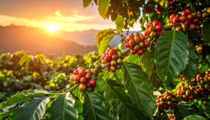 Coffee beans ripening on a branch at sunset