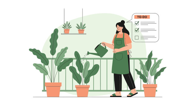 Woman Enjoying Gardening At Home With An Interesting To-Do List Vector Illustration