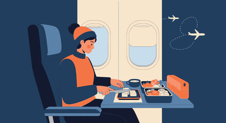 Woman Enjoying Meal On Airplane Traveling The World And Looking Out Window