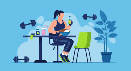 Woman Enjoying Meal after Workout Promotes Balance of Fitness and Nutrition