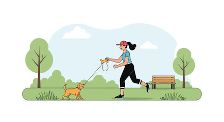 Naklejka premium Woman Enjoying Morning Run With Her Pet Dog In A Serene City Park