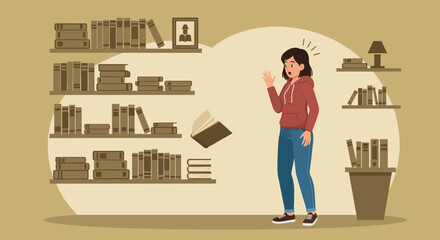 Surprised Teen With Falling Book From Shelf In A Library Scene