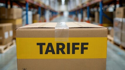 Cardboard box with 'TARIFF' label sits in a warehouse aisle, representing trade and import costs