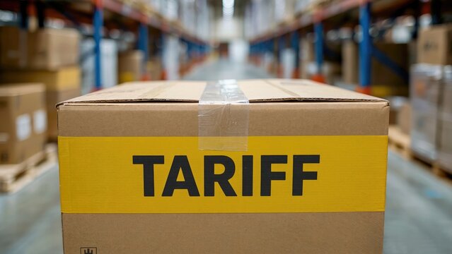 Cardboard box with 'TARIFF' label sits in a warehouse aisle, representing trade and import costs - Powered by Adobe