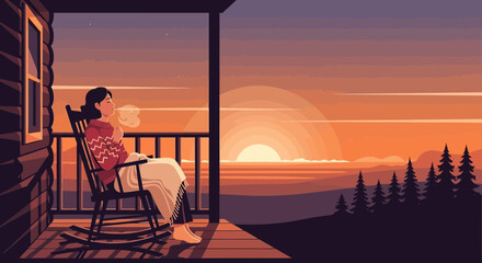Woman Enjoying Sunset View From Porch In Peaceful Cabin Retreat Scenery