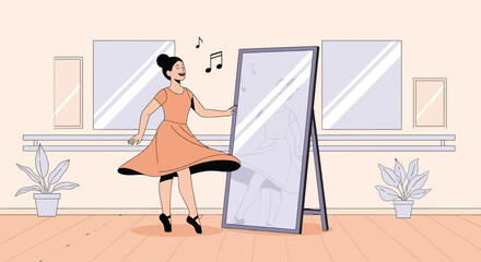 Woman Enjoys Dancing in a Ballet Studio And Smiling At Her Reflection
