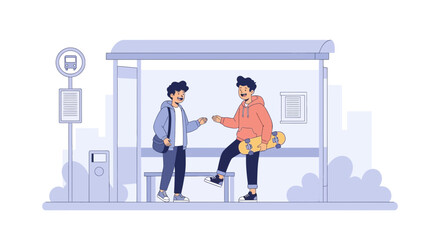 Two Young Friends Chatting And Waiting At Public Transport Bus Stop