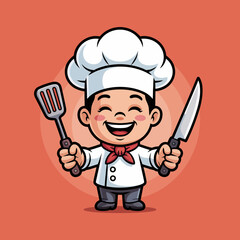 A delightful illustration of a young chef smiling while holding a spatula and knife, representing joy and creativity in the culinary world, perfect for kids' cooking themes.