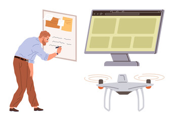Man writing on whiteboard, computer monitor displaying interface, and drone in flight. Ideal for innovation, technology, brainstorming, analysis, creativity collaboration and future trends. Simple