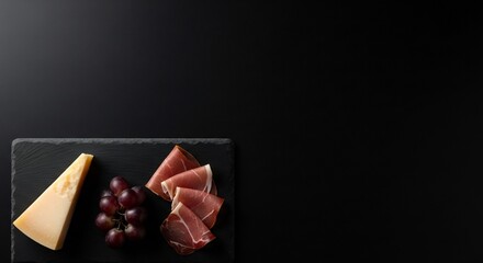 Top view of an elegant charcuterie board with parmesan cheese, prosciutto ham, and red grapes. Minimalist appetizer on a black slate background with lots of copy space.