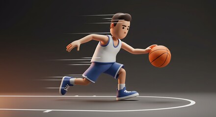 Energetic 3D Cartoon Character Dribbling Basketball with Motion Blur on a Dark Court