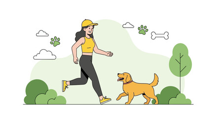 Fototapeta premium Woman Jogging With Her Golden Retriever Dog In The Park During A Sunny Day