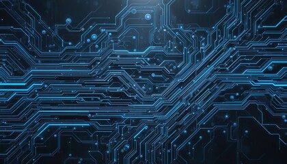 Abstract tech minimalist background with clean circuit lines, blue neon accents, black and gray palette