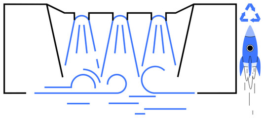 Colorful hydroelectric dam releasing water into flow with a recycling triangle and rocket. Ideal for sustainability, energy, engineering, innovation, productivity, environment, and technology. Simple