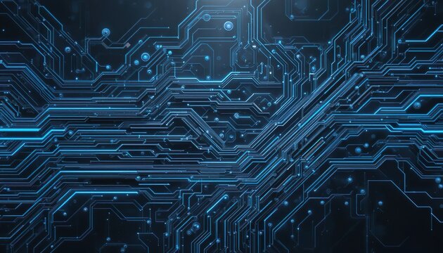 Abstract tech minimalist background with clean circuit lines, blue neon accents, black and gray palette