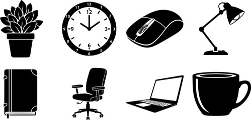Work From Home Icons – Black Vector Silhouettes of Remote Office Essentials