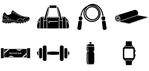Fitness Icon Pack – Solid Black Vector Silhouettes of Gym and Workout Equipment