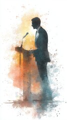 A watercolor-style digital painting of a man in a suit standing and speaking at a podium with a microphone.