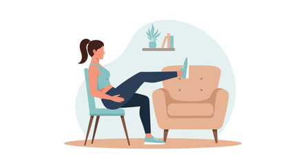 Woman Performing Leg Raises Exercise at Home While Relaxing on a Chair