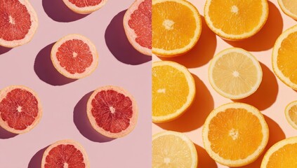 A split image displays halved grapefruits on a mauve background and halved oranges and lemons on a peach background, arranged in repeating patterns with dramatic lighting